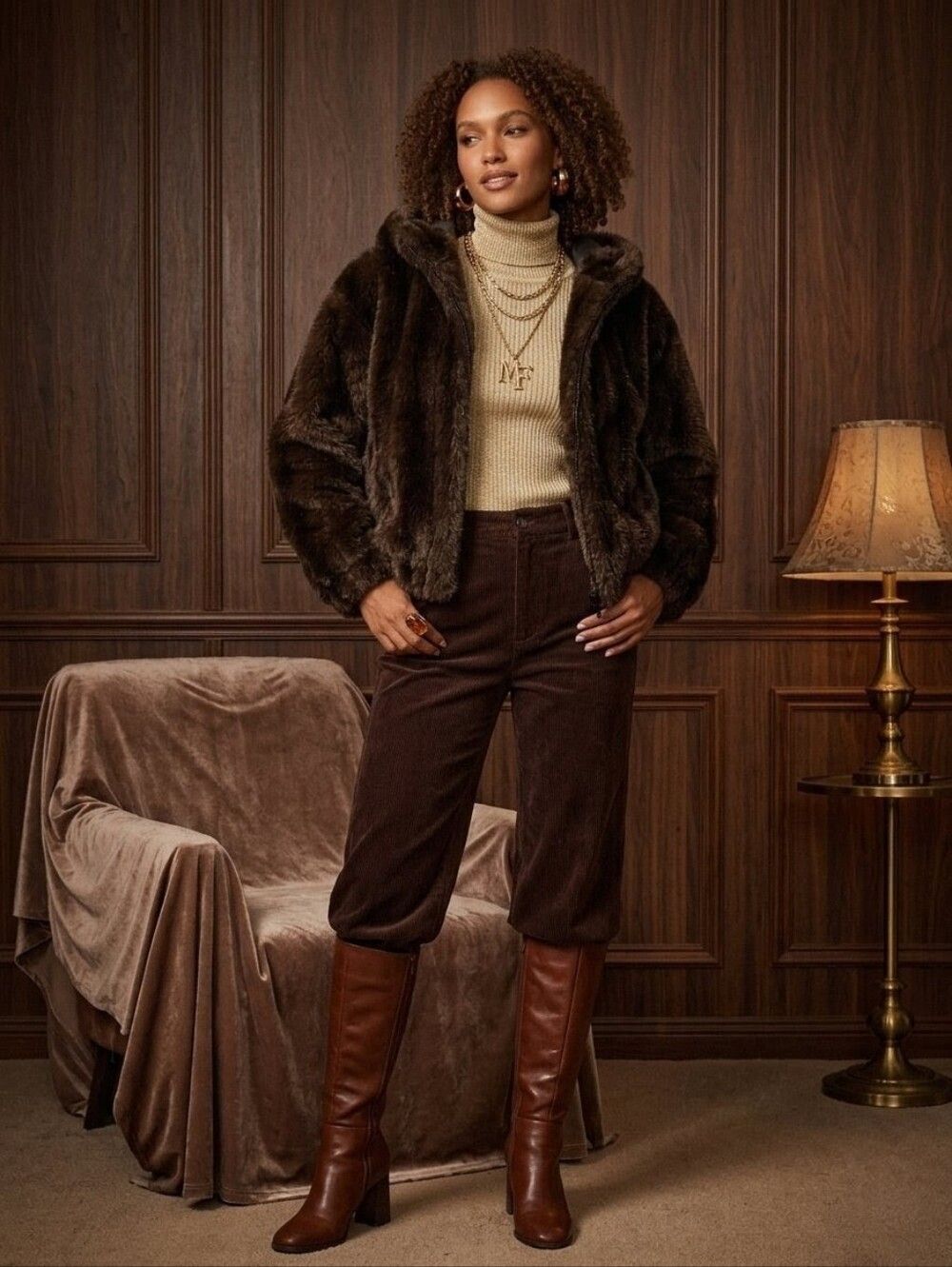 Monterey Fashions Vintage Brown Faux Fur Hooded Bomber Jacket - Size Small